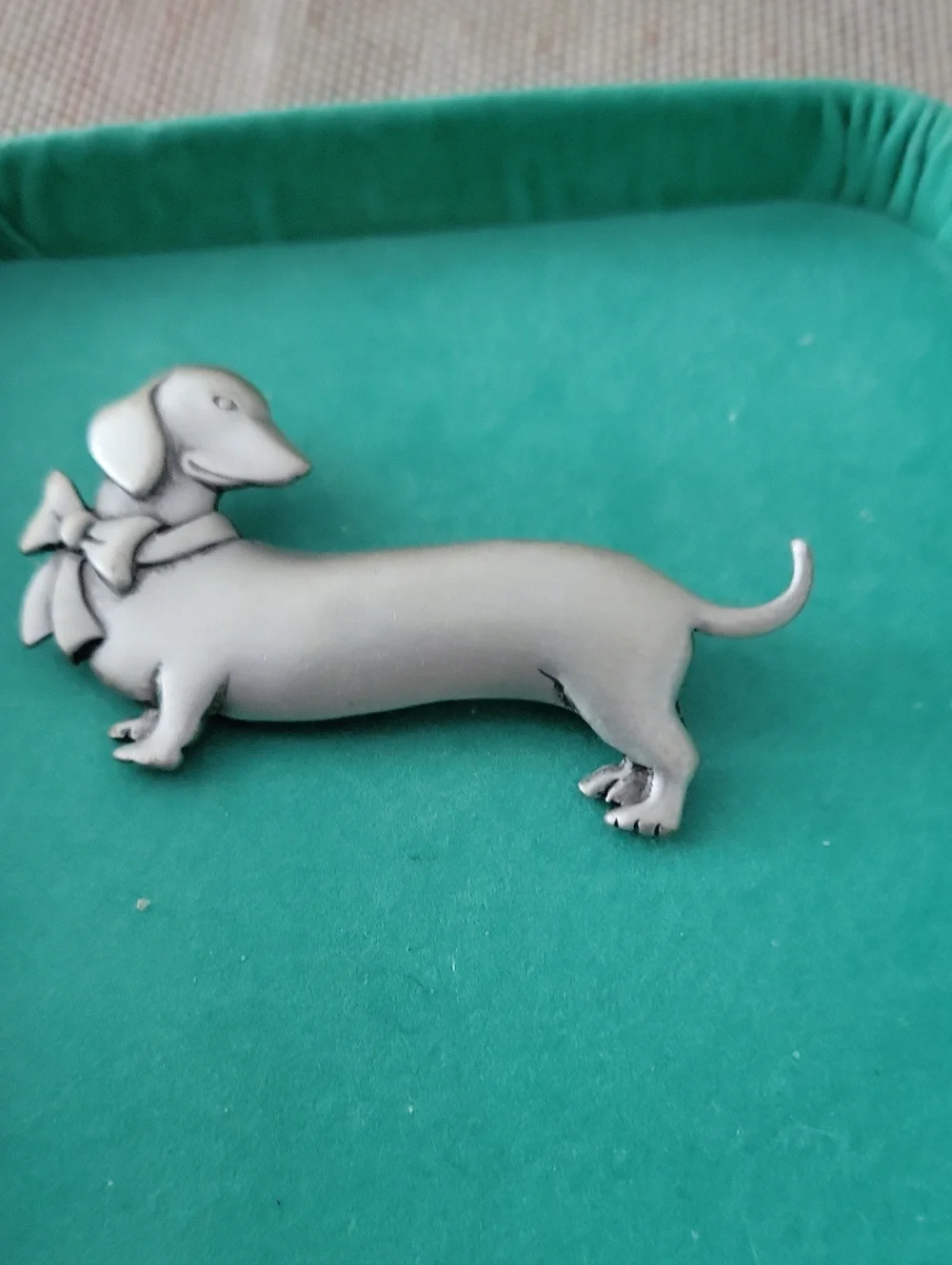 Silver Dachshund Dog Brooch Pin - Bow Accent